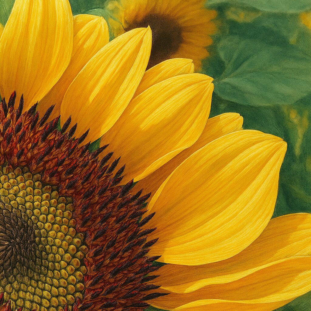 太陽の光を受けて輝くヒマワリの花びらを描いた明るいタッチのイラスト