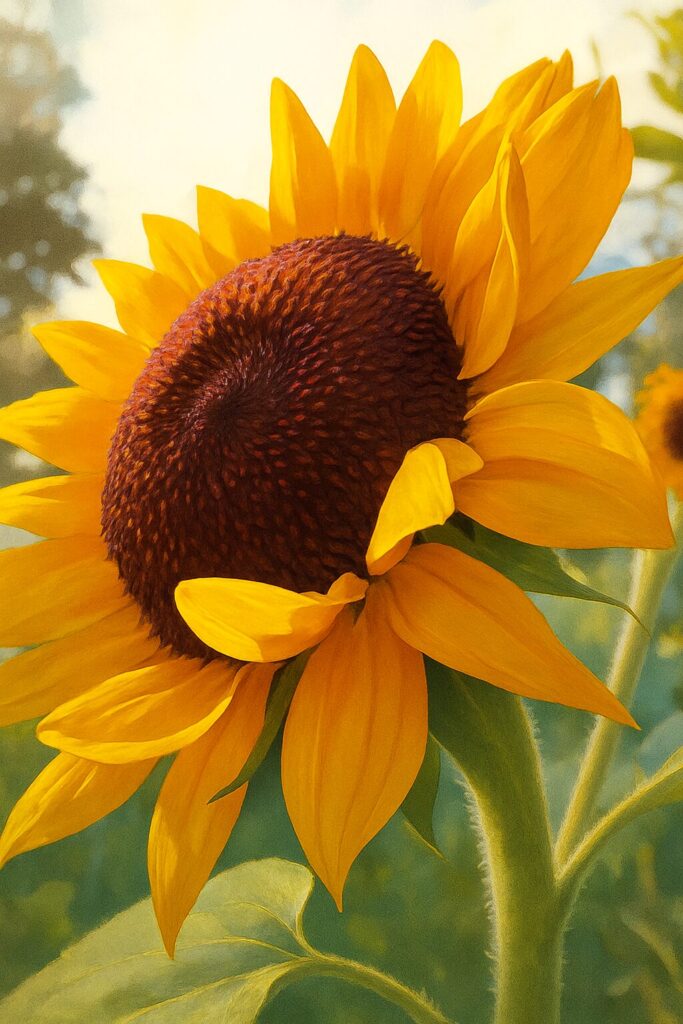 夏の光の中で咲くヒマワリのリアルな質感を表現したイラスト