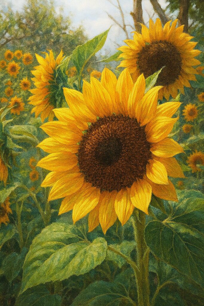 ヒマワリ畑に咲く一輪の花を中心に描いた夏の風景イラスト