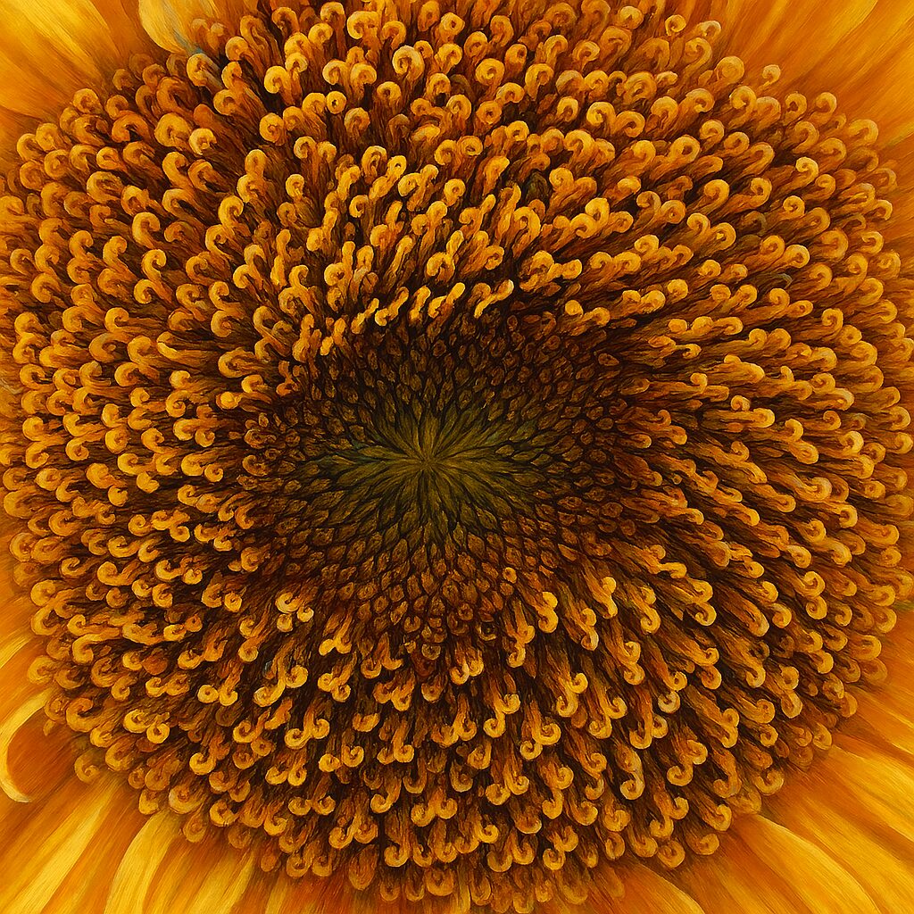 ヒマワリの中心を真上から見た構図の精密植物イラスト