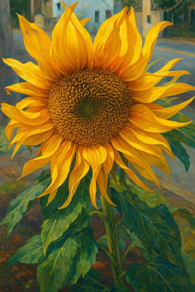 咲ききったヒマワリが少し枯れかけている様子を描いたリアルな植物イラスト