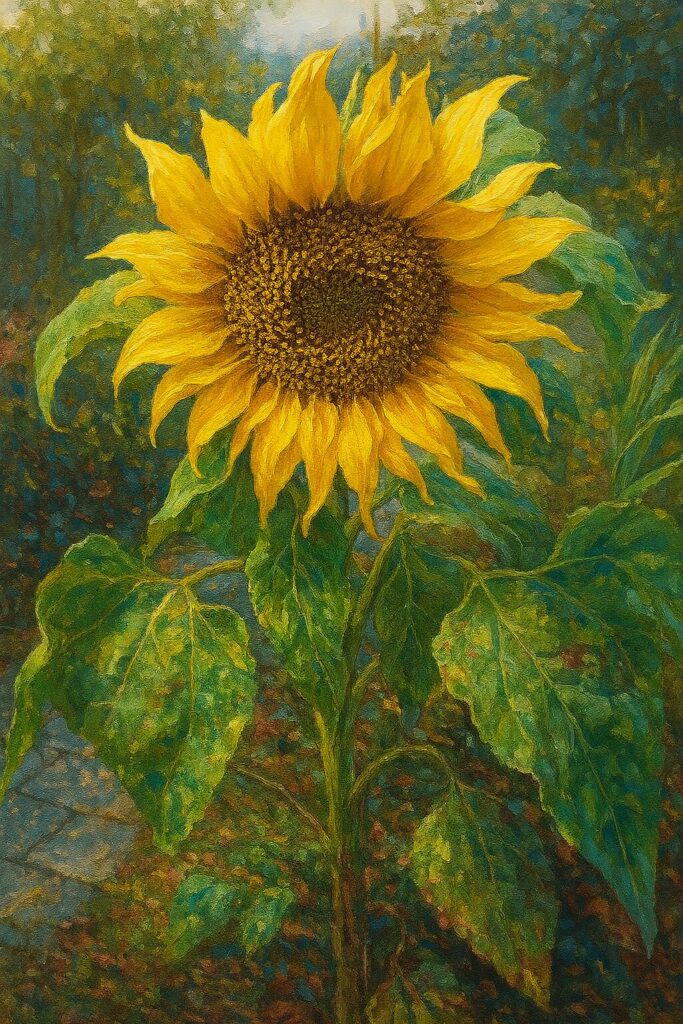 葉が痛んだ晩夏のヒマワリを全体的に描いたイラスト作品