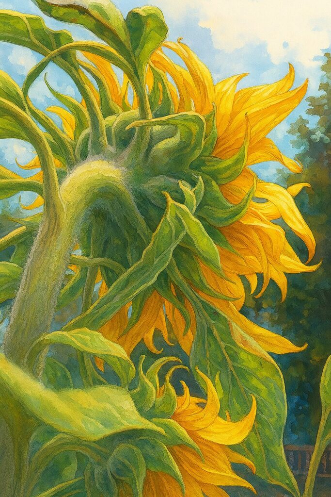 ヒマワリの裏側を下から見上げた視点で描いた構図の植物イラスト