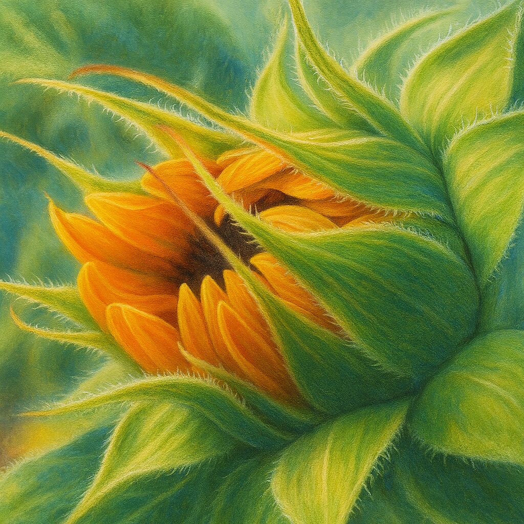 ヒマワリのつぼみがゆっくり開花する瞬間を描いたリアルな植物イラスト