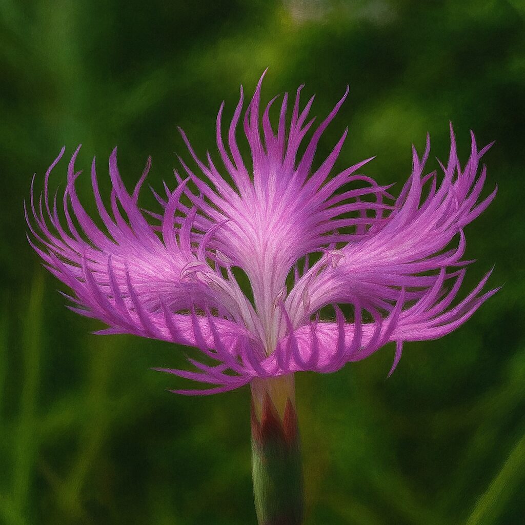 カワラナデシコの細やかな花弁を強調した横向きの植物画