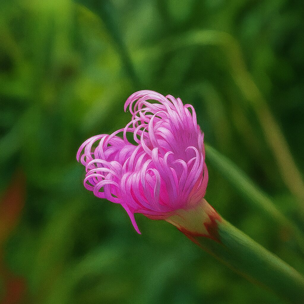 ねじれたカワラナデシコの蕾を繊細に表現した植物画