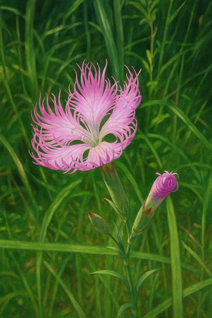 野に咲くカワラナデシコの全体を描いた自然系植物イラスト