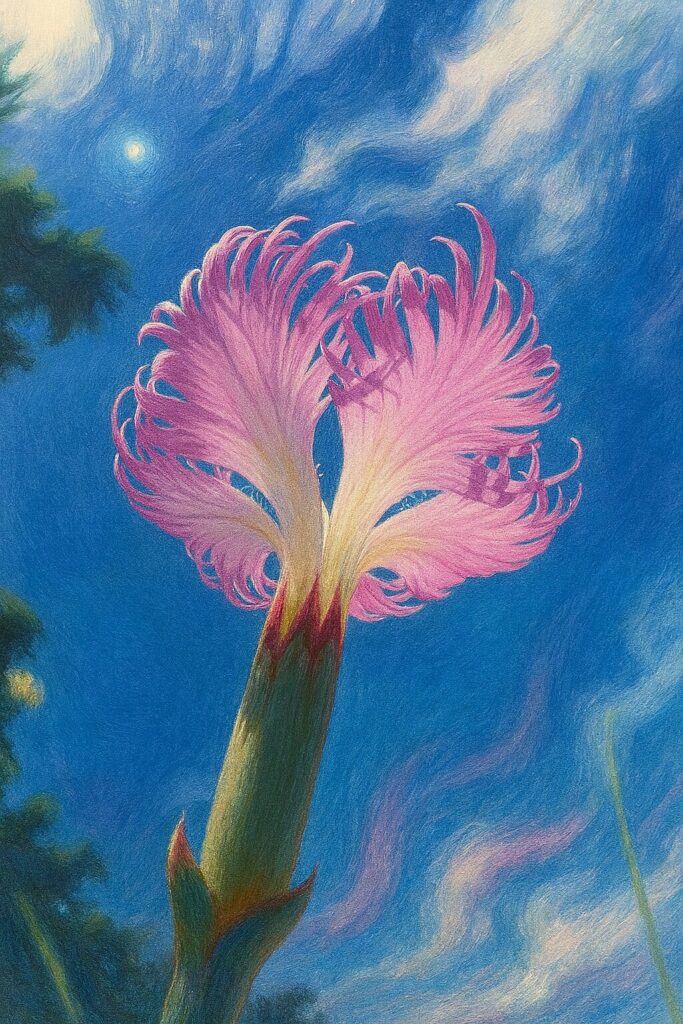 青空に映えるカワラナデシコの花を描いた爽やかな植物イラスト