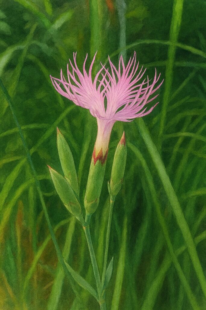 つぼみとともに咲くカワラナデシコを描いた写実的なイラスト作品