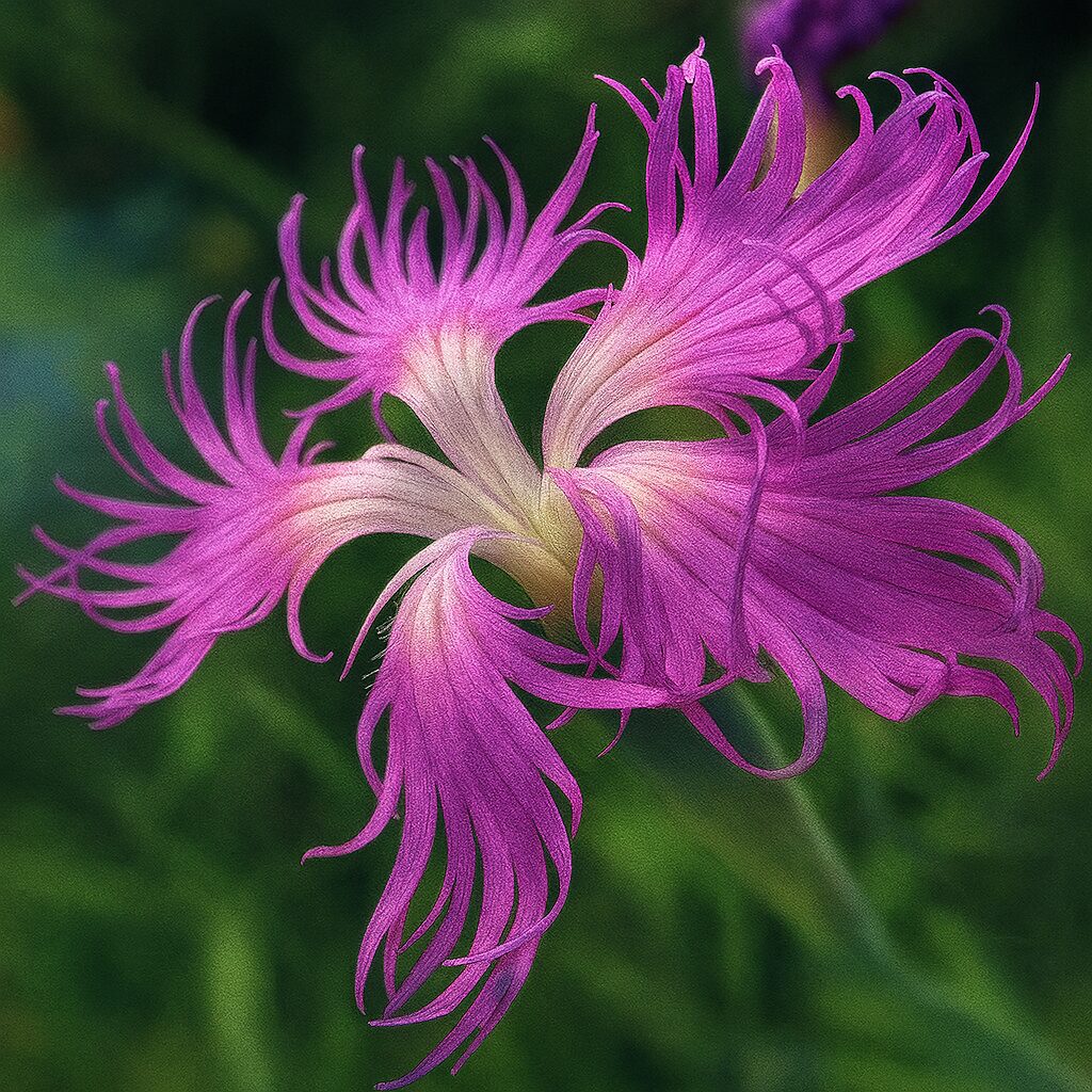 揺れるような花弁を描いた横向きのカワラナデシコの植物画