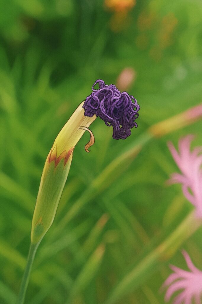 花の終わりを表現した枯れかけたカワラナデシコのリアルイラスト