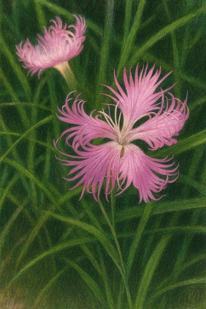 二輪咲いたカワラナデシコを手描きで表現した透明感ある画風