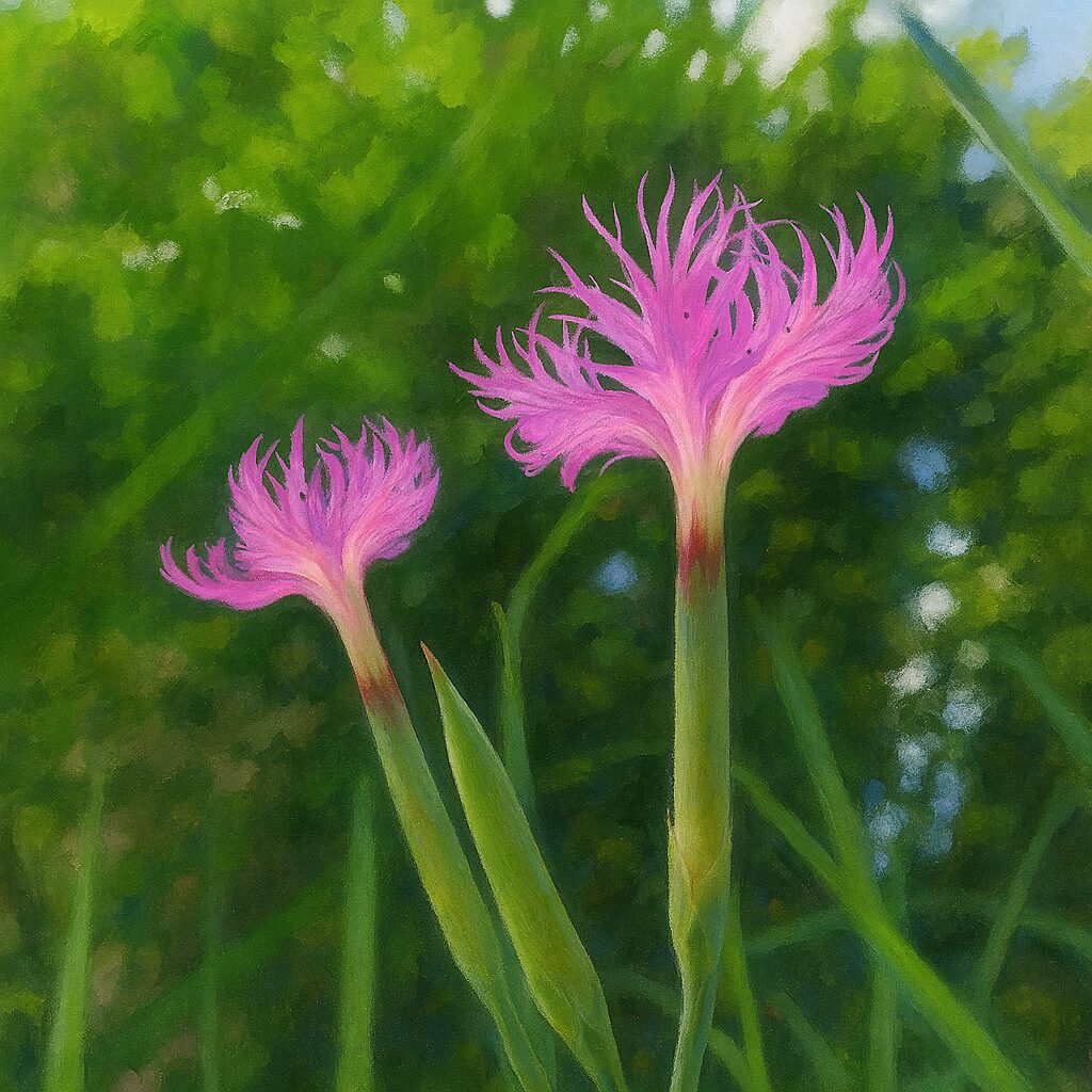 夏の草むらに咲くカワラナデシコを描いた自然風景イラスト