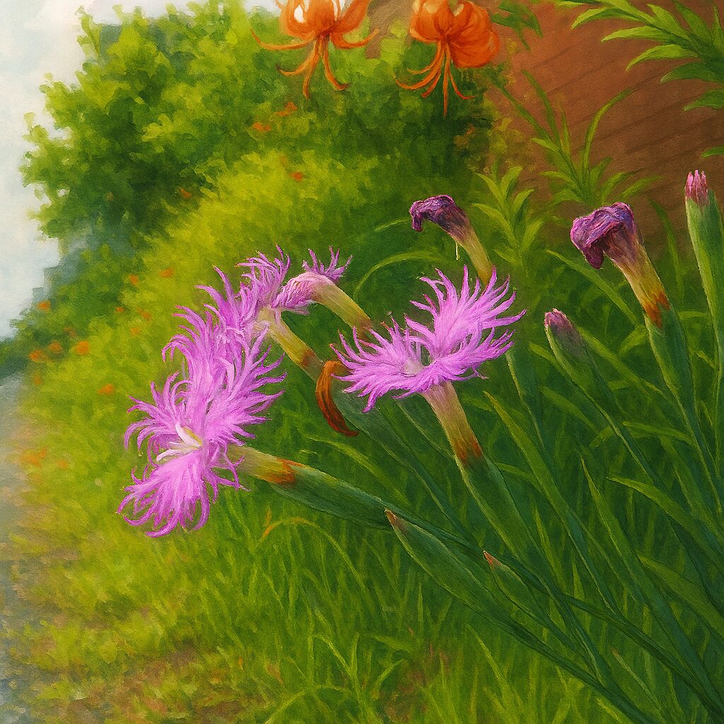 オニユリと共演する道端のカワラナデシコ群を描いた風景植物画