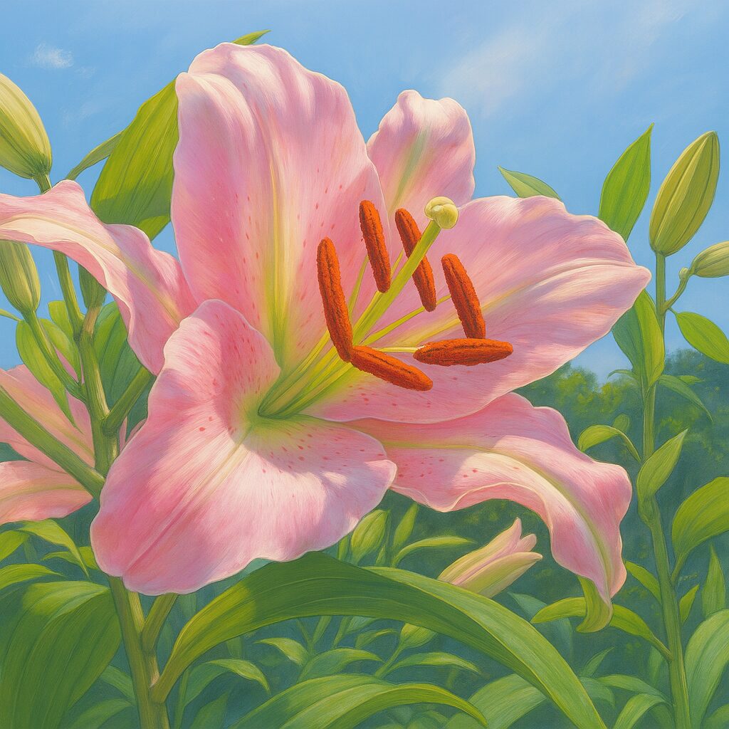 イラストで描かれた夏空に咲く淡いピンクのカサブランカ