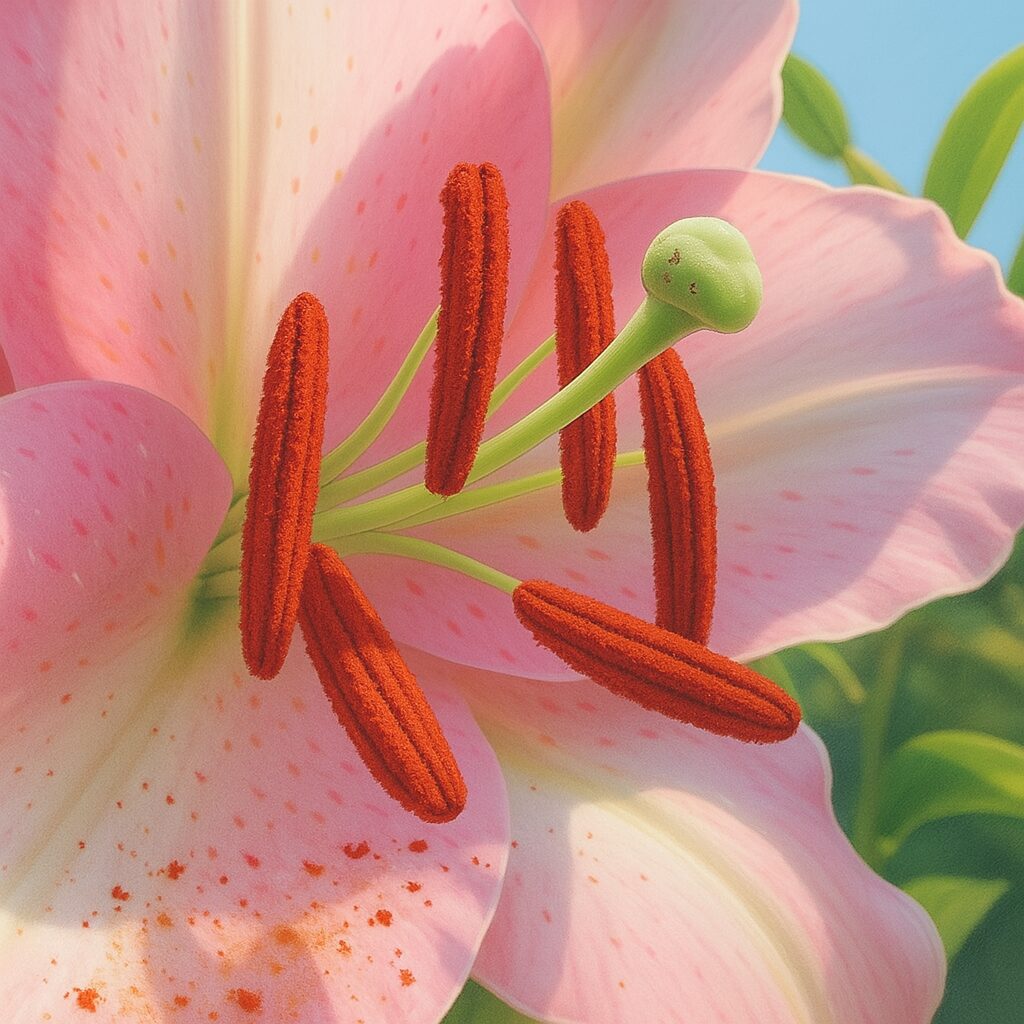 花芯のディテールが際立つカサブランカのリアルなイラスト