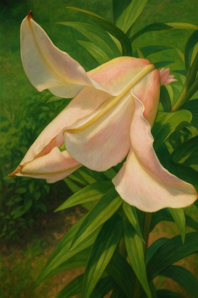 咲き始めたカサブランカを繊細に描いた植物画風イラスト