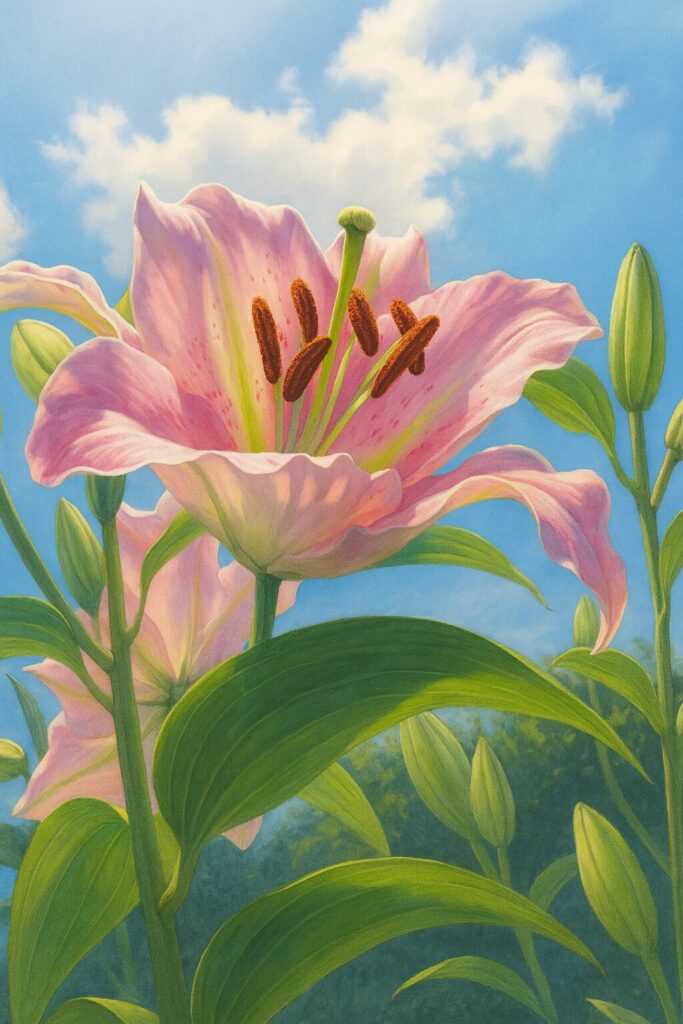 見上げる構図で描かれた晴天とカサブランカの花のイラスト