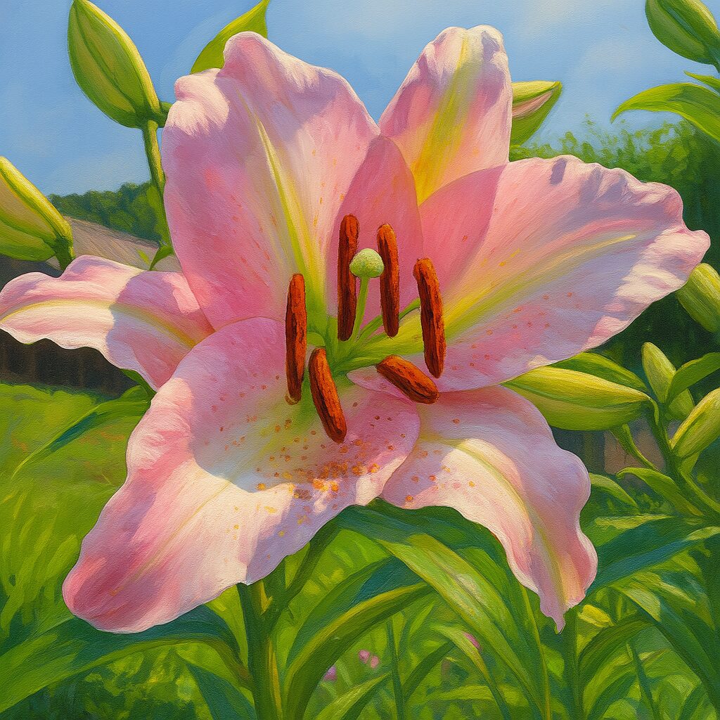 おしべと花粉の描写がリアルなカサブランカのクローズアップイラスト