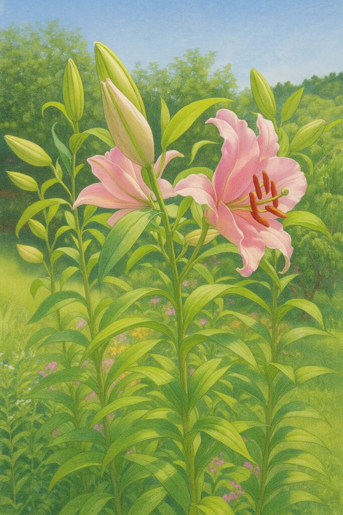 庭に咲くカサブランカの群生を描いたボタニカルアート