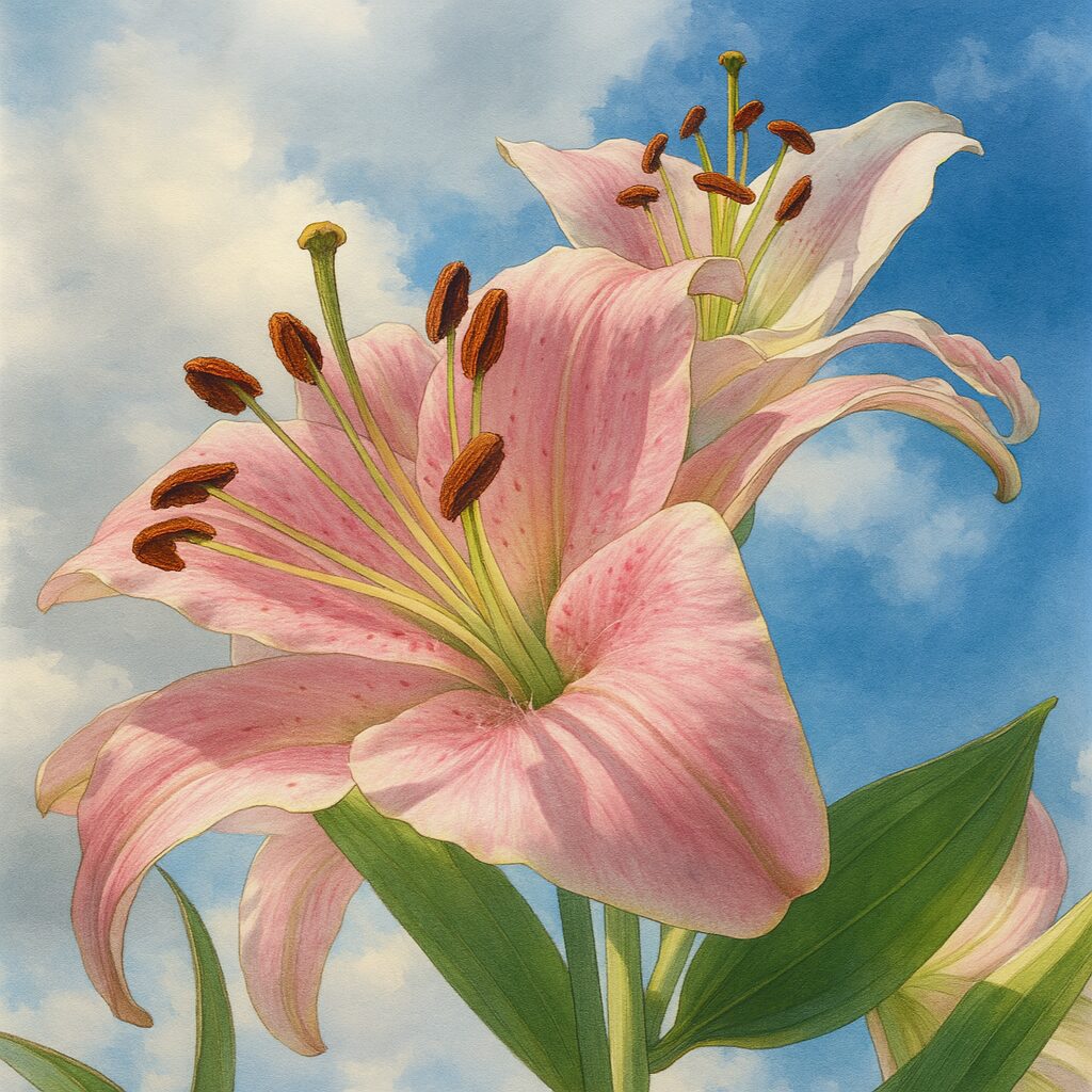 空を背景に躍動感ある構図で描かれたカサブランカの花