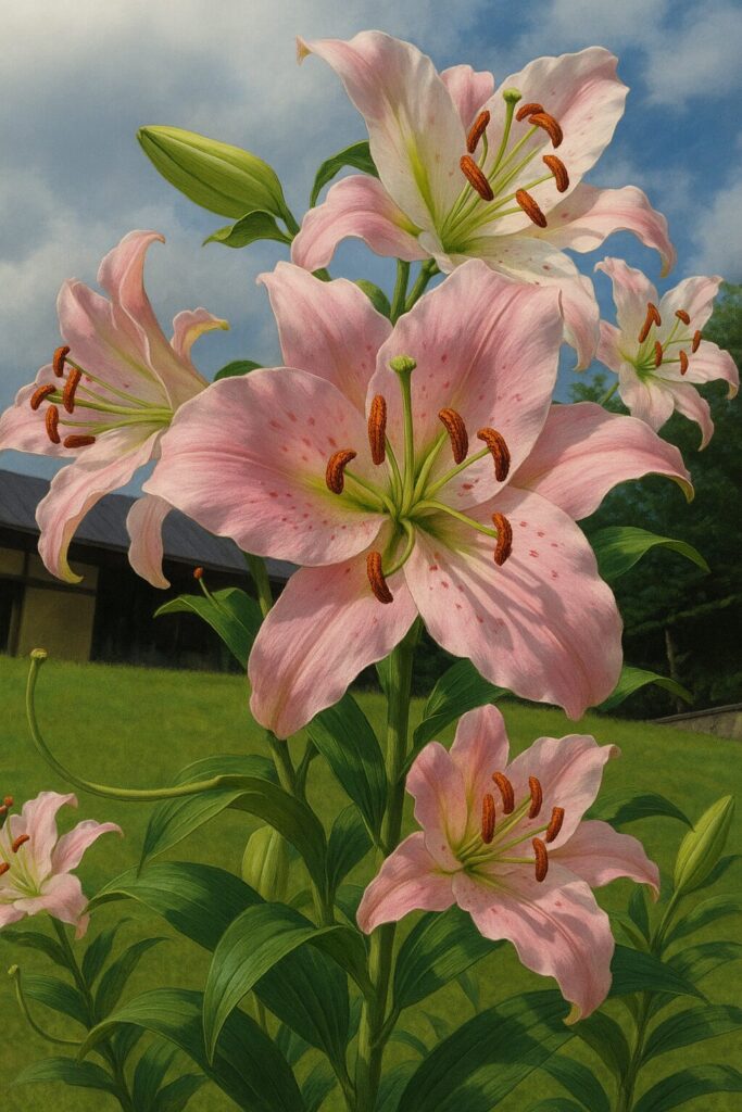 緑の背景に映えるカサブランカの開花を描いた自然風景イラスト