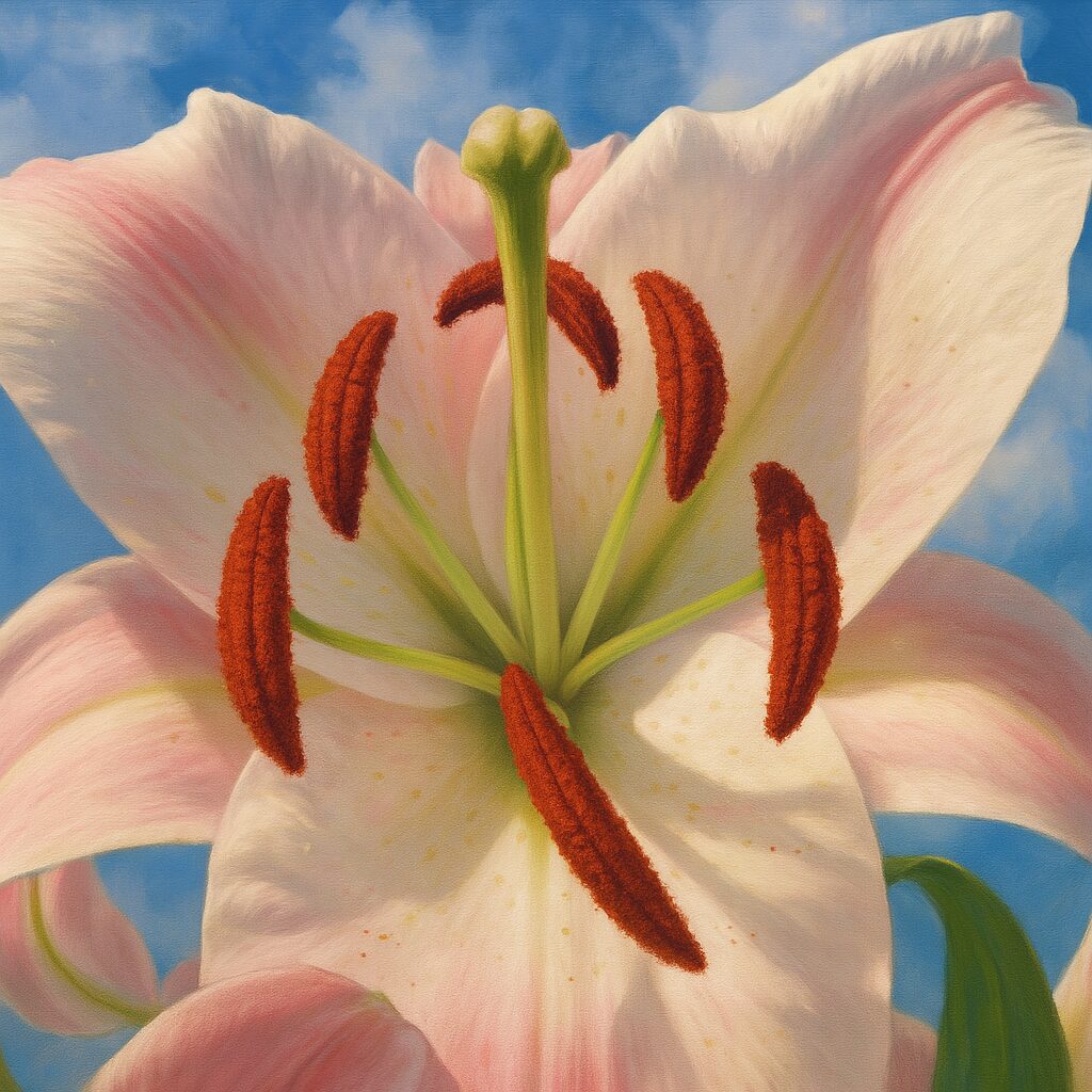 花粉が際立つ正面構図のカサブランカを丁寧に描いたイラスト