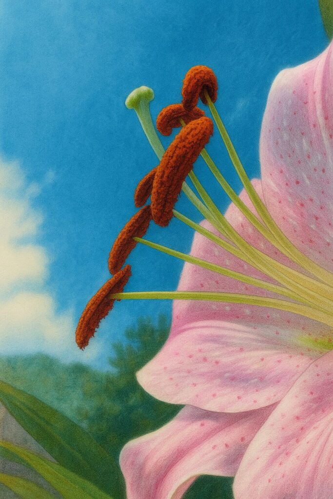青空を背景に雄しべを強調して描かれたカサブランカのリアルイラスト