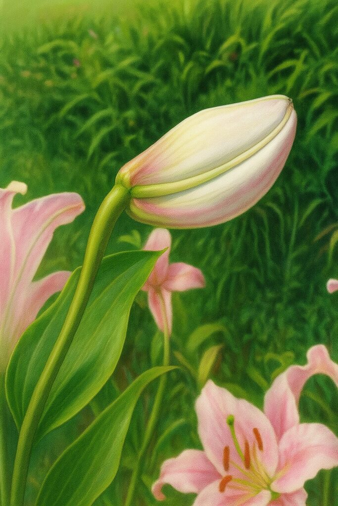 咲く直前のピンクがかったカサブランカのつぼみを描いた精密な植物画