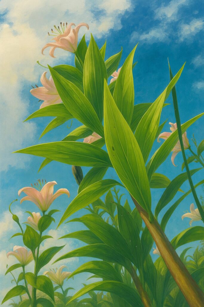 緑の葉と青空を背景に構成されたカサブランカのイラスト、上向き構図