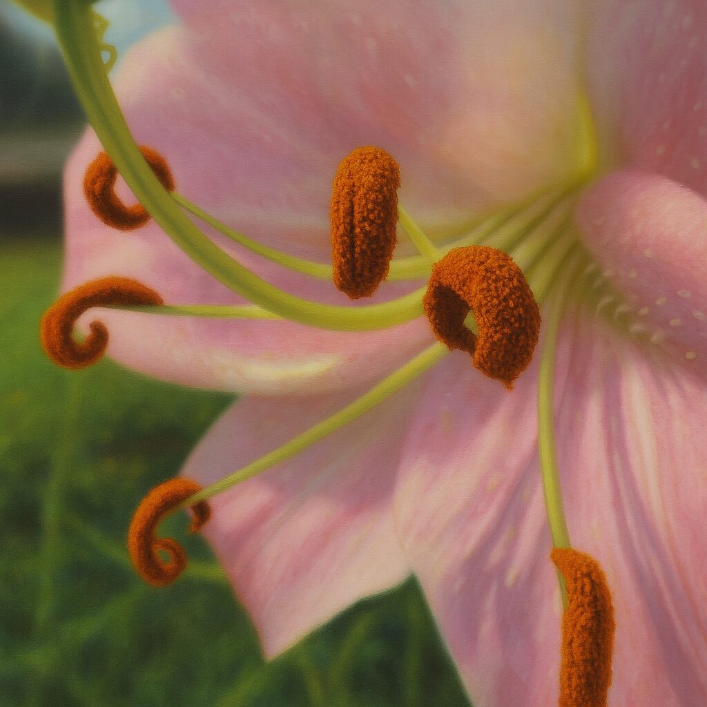 花粉の立体感をリアルに表現したカサブランカの中心部クローズアップイラスト