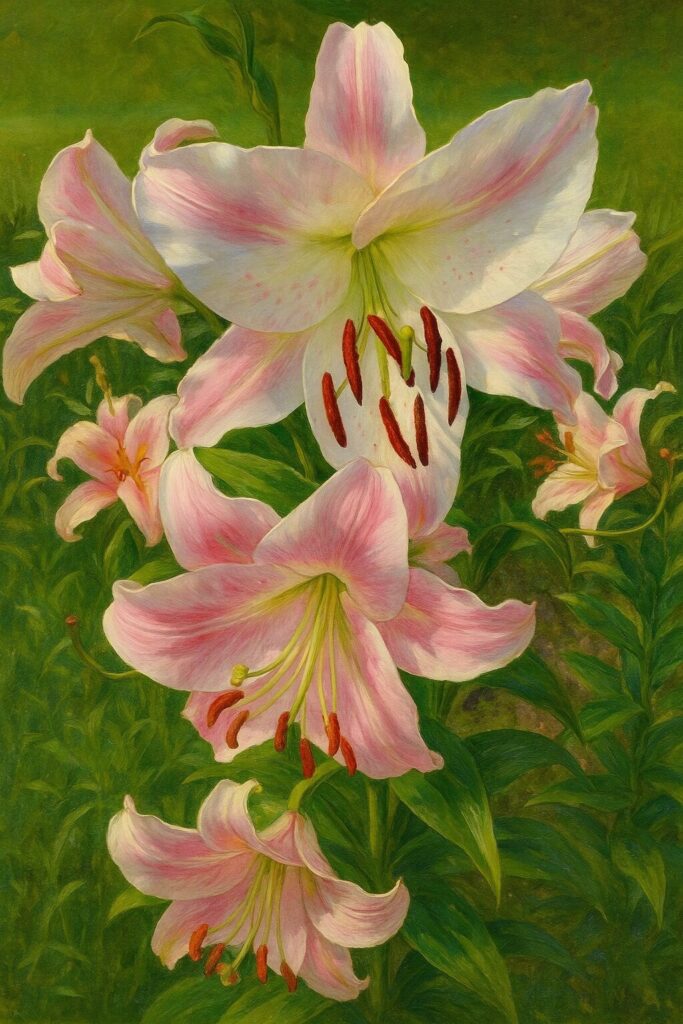 白とピンクのカサブランカが咲き誇る様子を描いたボタニカルイラスト