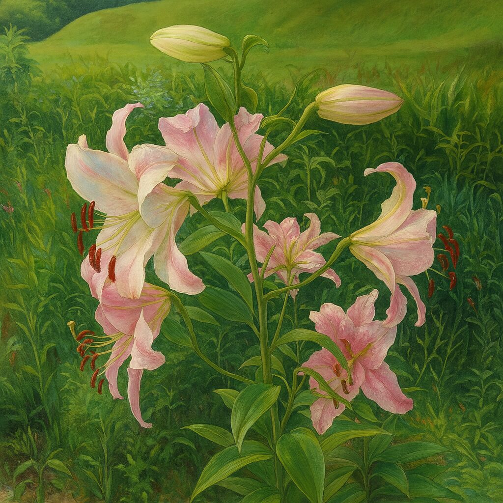 自然の中で咲くカサブランカをつぼみから花まで丁寧に描いたイラスト作品