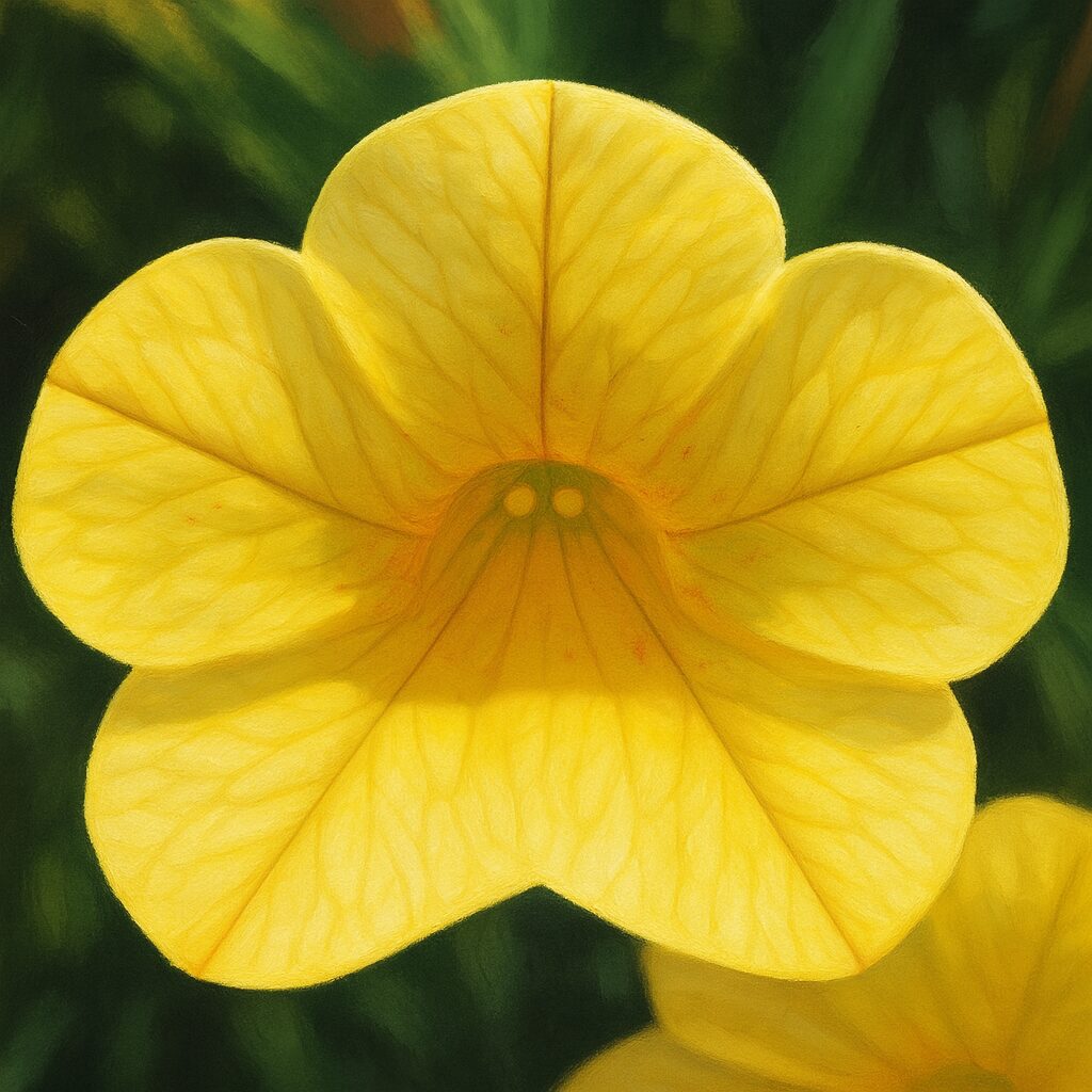 日本の夏に咲く黄色いペチュニアの花のリアルなイラスト画像