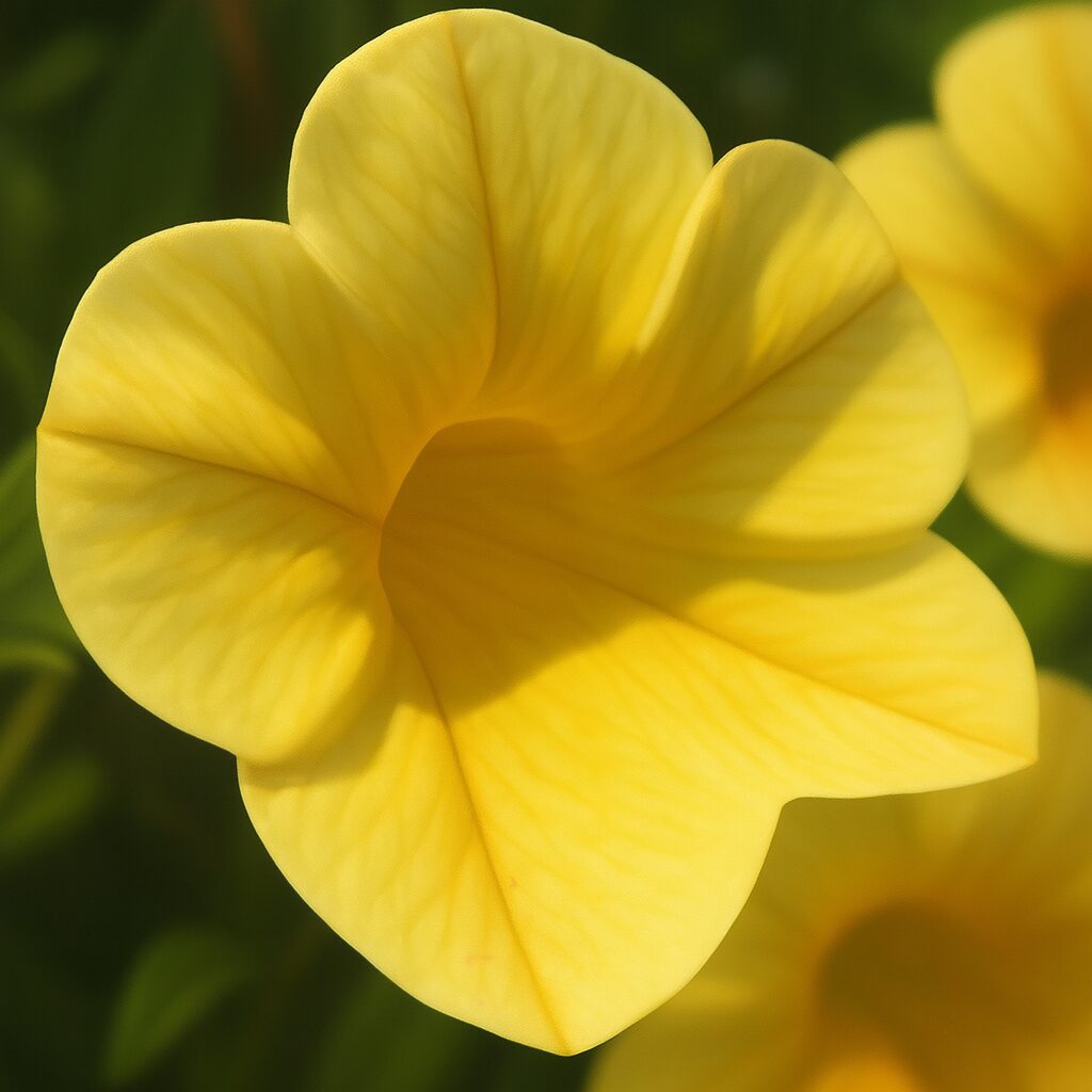 日差しを受けて輝く黄色いペチュニアの花びらを描いたイラスト