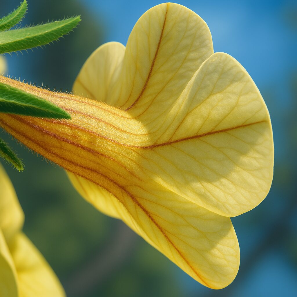 側面から見た黄色いペチュニアの花びらと筋模様の細密イラスト