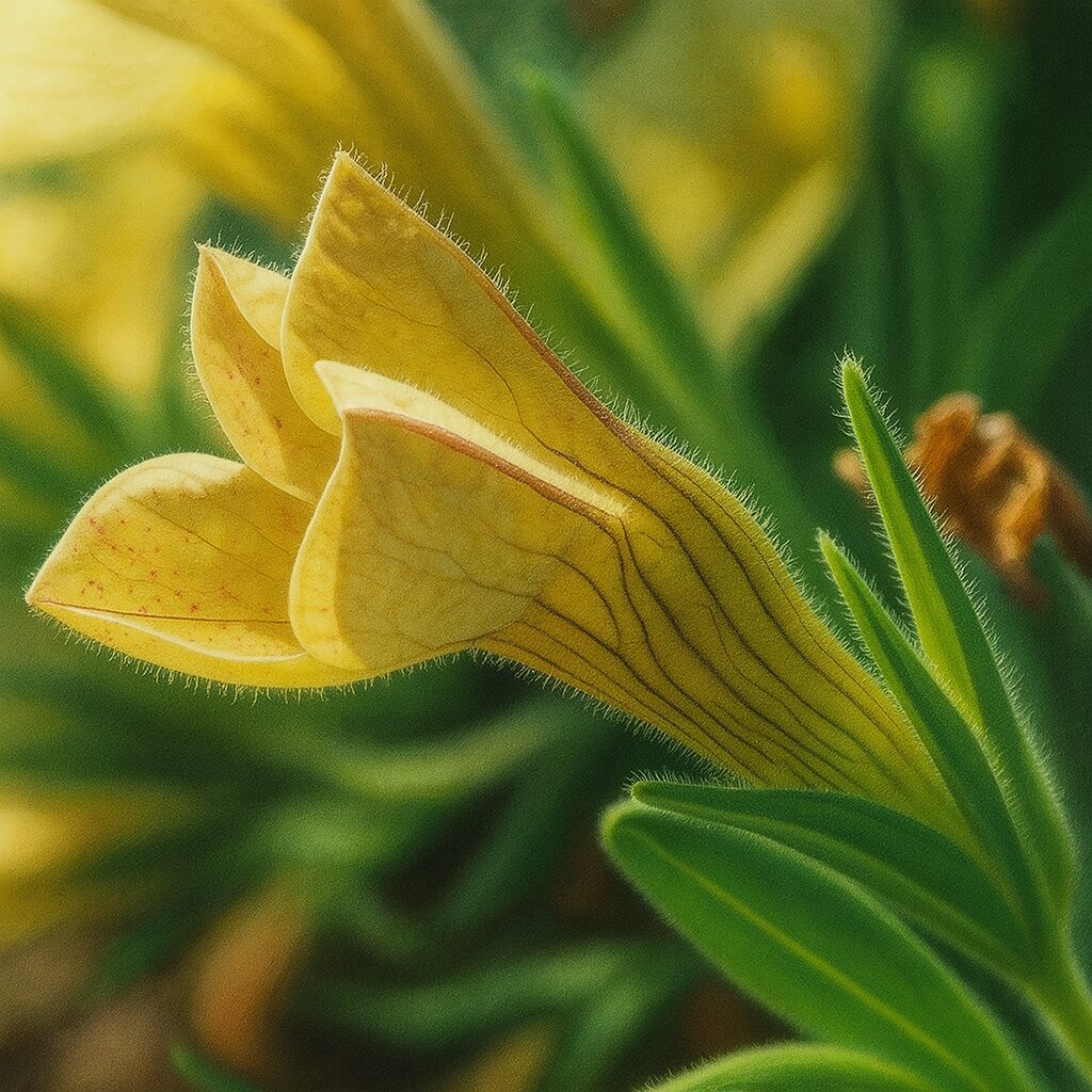 つぼみから咲きかけの黄色いペチュニアを描いたボタニカルイラスト