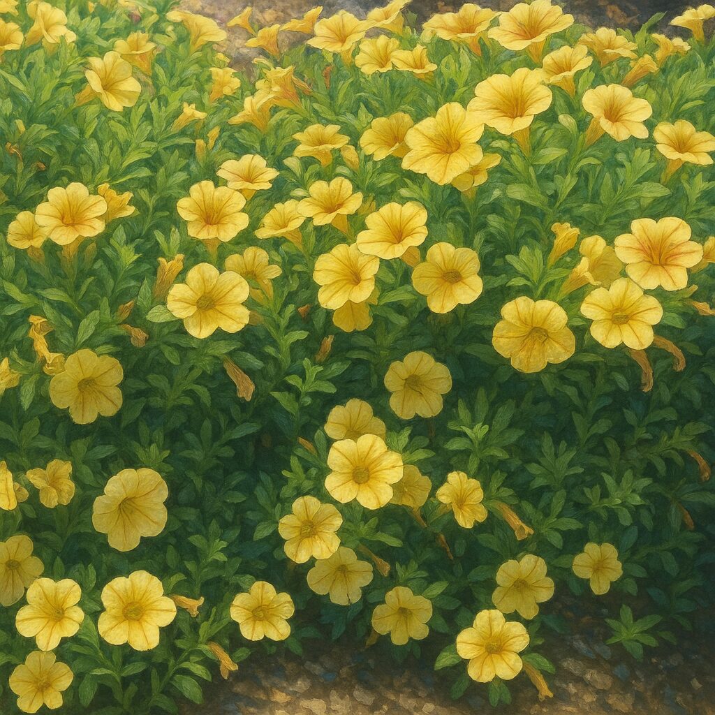 満開の黄色いペチュニアが密集するイラストの群生風景