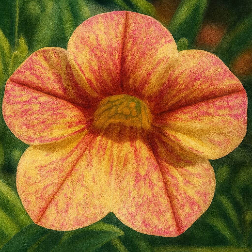 赤と黄色が混ざる美しいペチュニアの花を描いたリアルイラスト