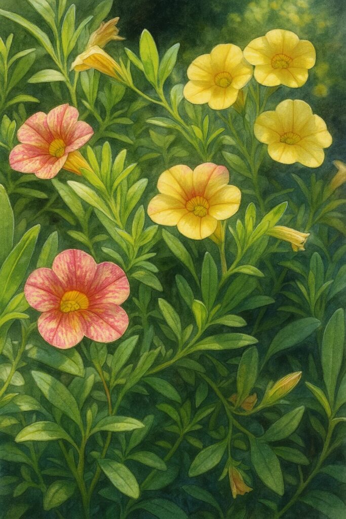 ピンクと黄色のペチュニアが咲く夏の庭園風景のイラスト