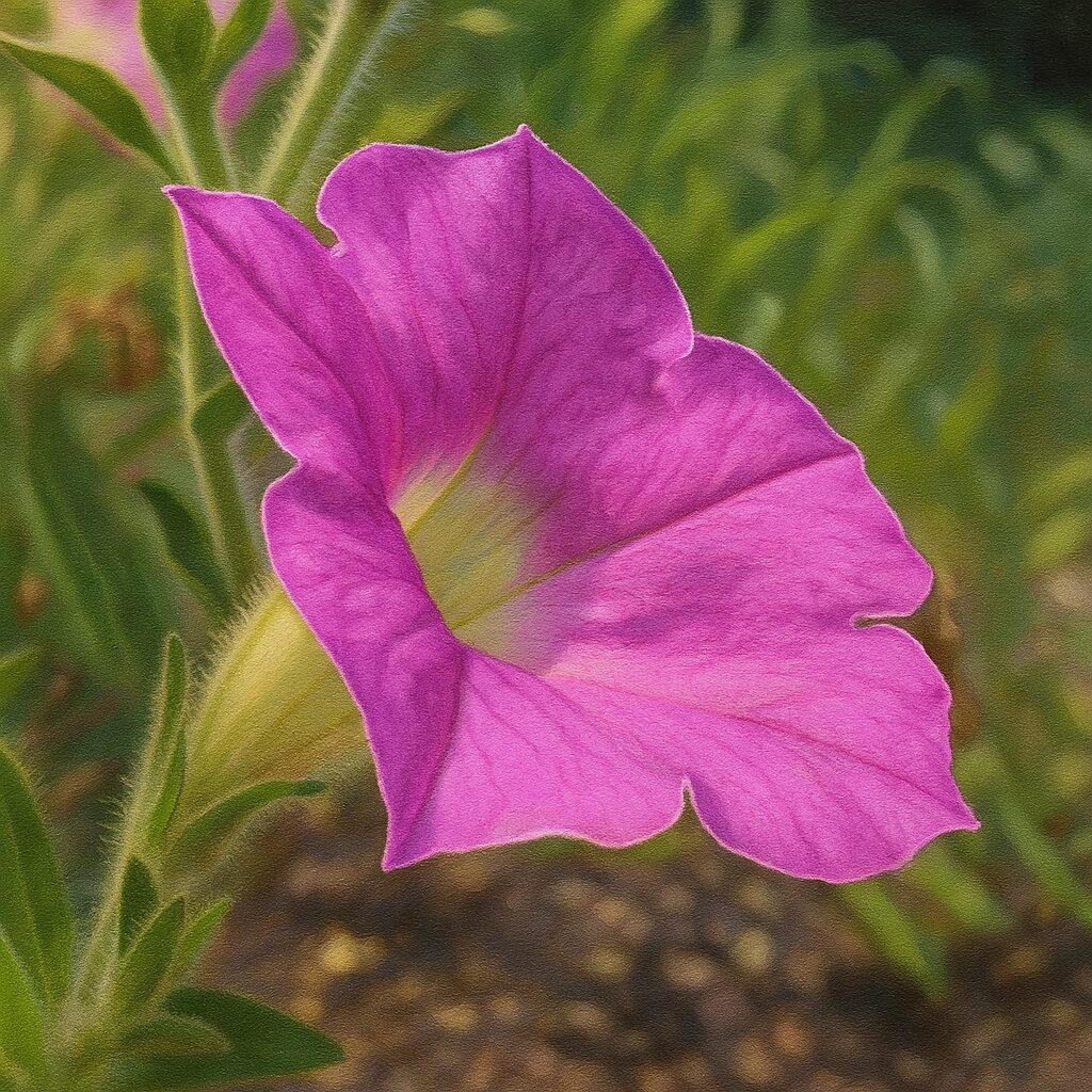 鮮やかなピンク色のペチュニアの花を横から見て精密に描いたイラスト画像