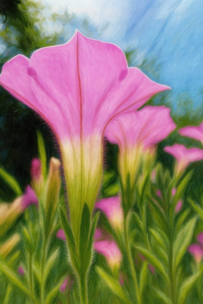 青空を背景にした薄桃色のペチュニアの背面構図のイラスト