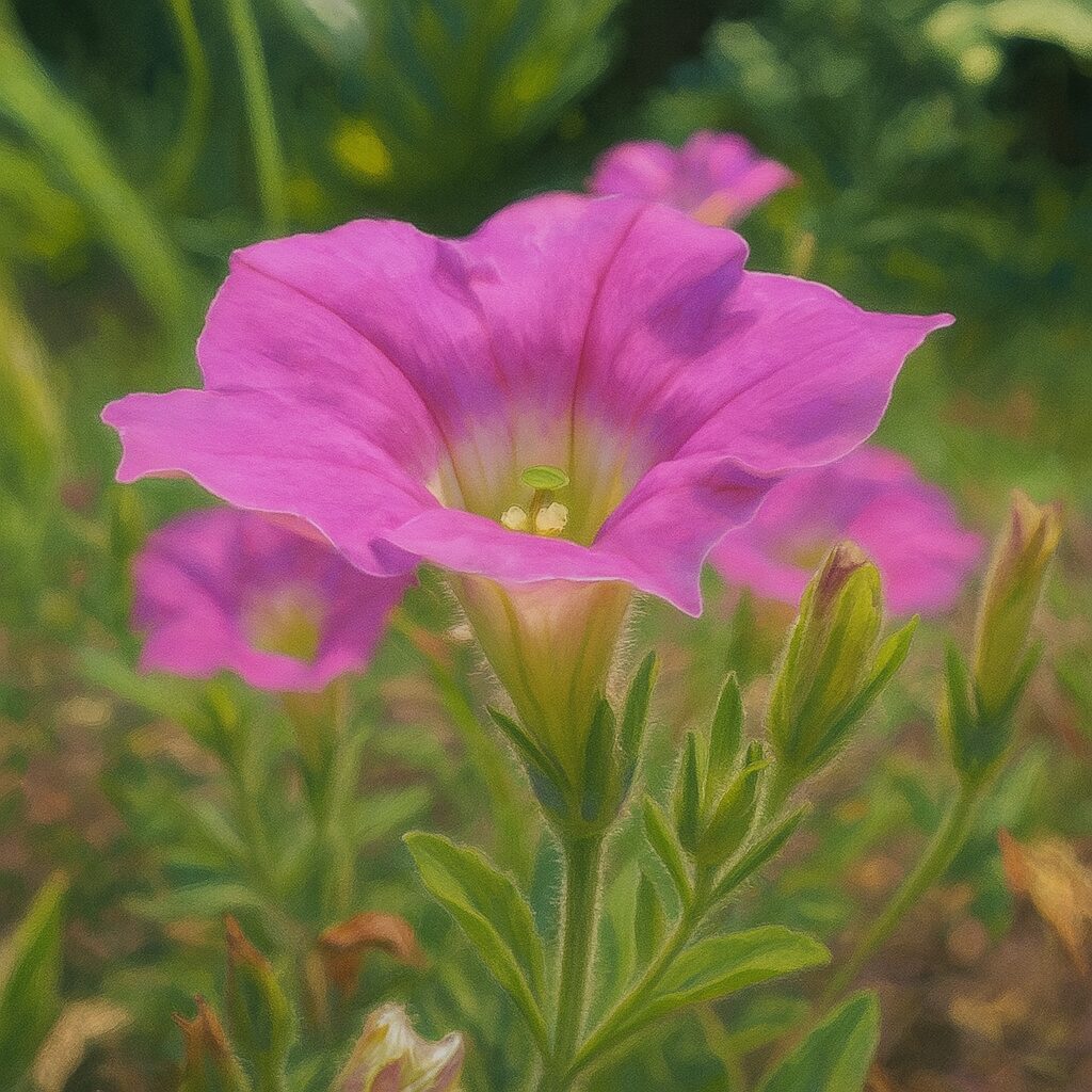 地面一面に咲くピンクのペチュニアの群生を描いた風景イラスト