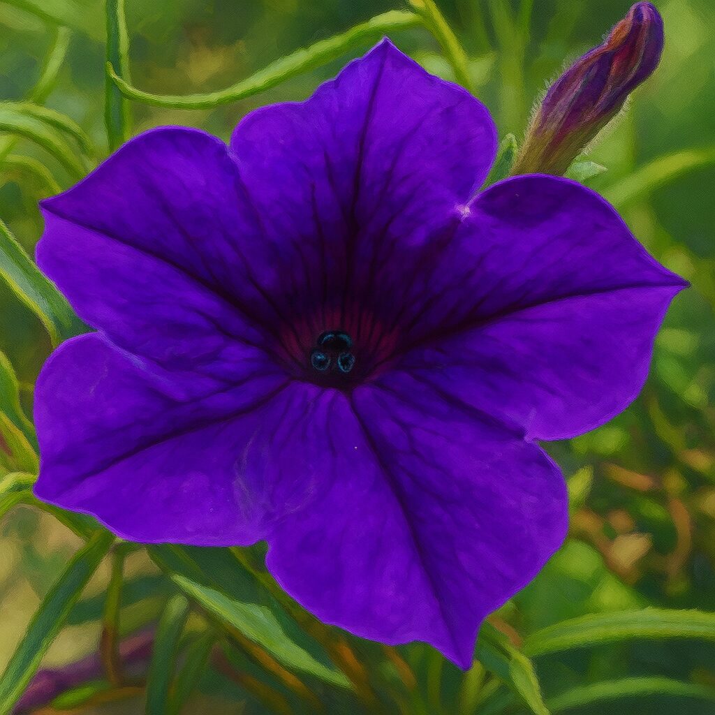 濃い紫色のペチュニアの花のディテールを描いたリアルなイラスト