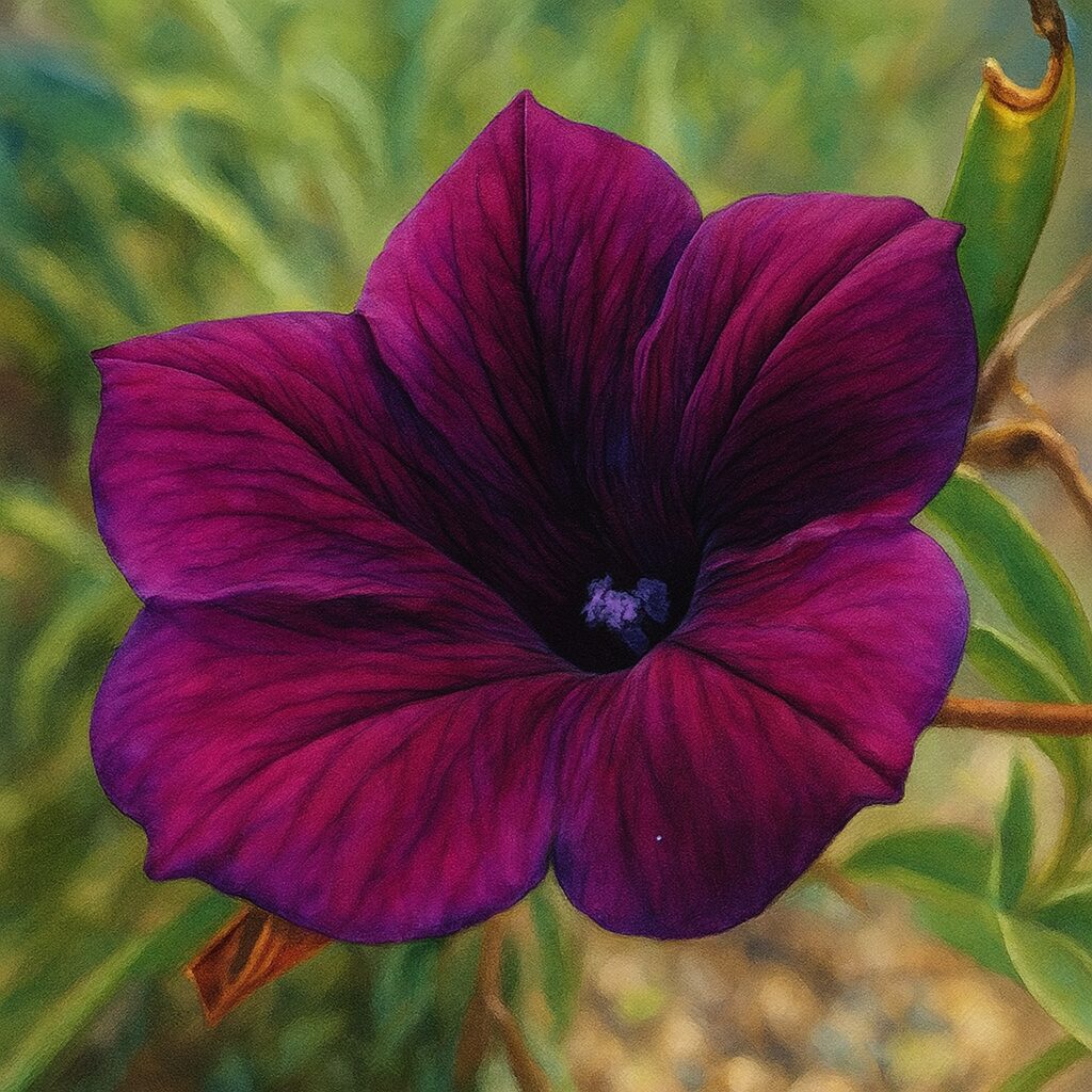 光を受けて輝く赤紫色のペチュニアを描いた精密ボタニカルイラスト