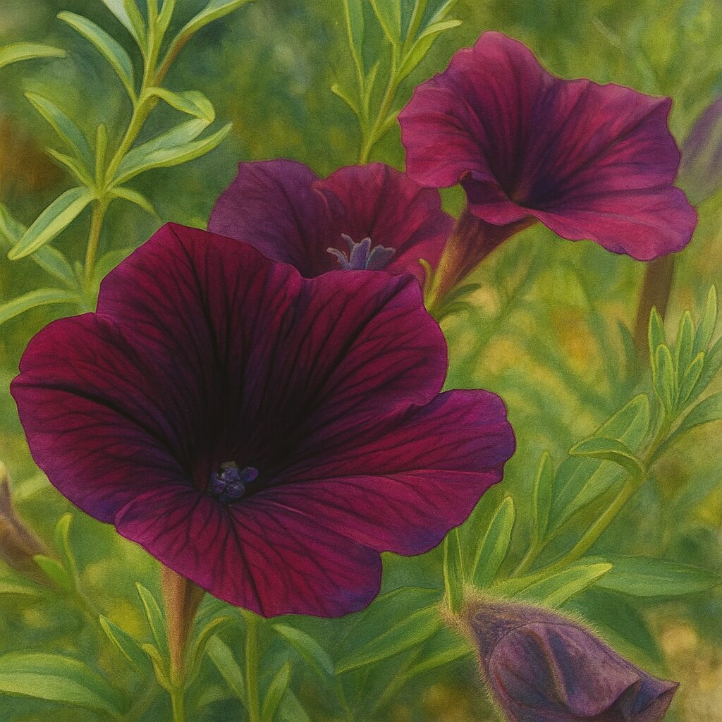 複数の深紅のペチュニアが咲く花畑を表現したイラスト作品

