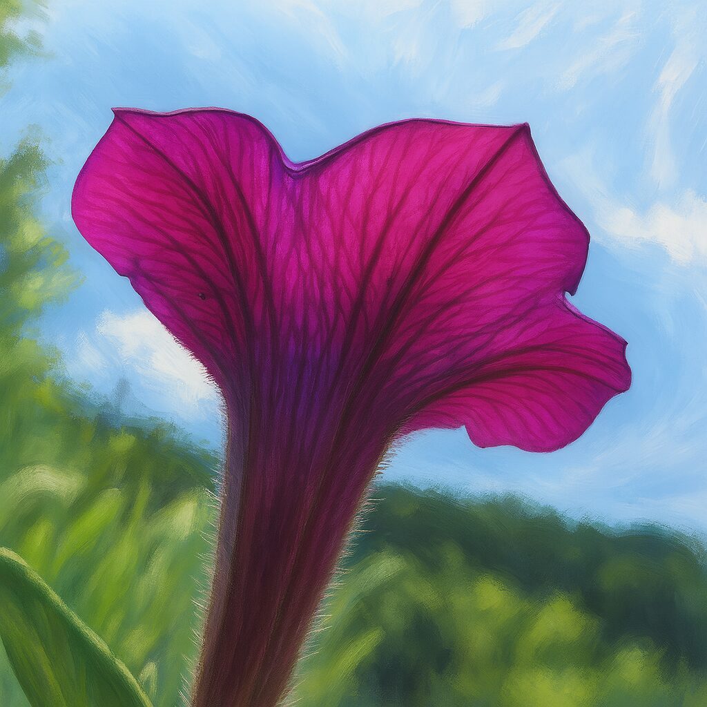 逆光で透けるピンク色のペチュニアを見上げた構図のイラスト