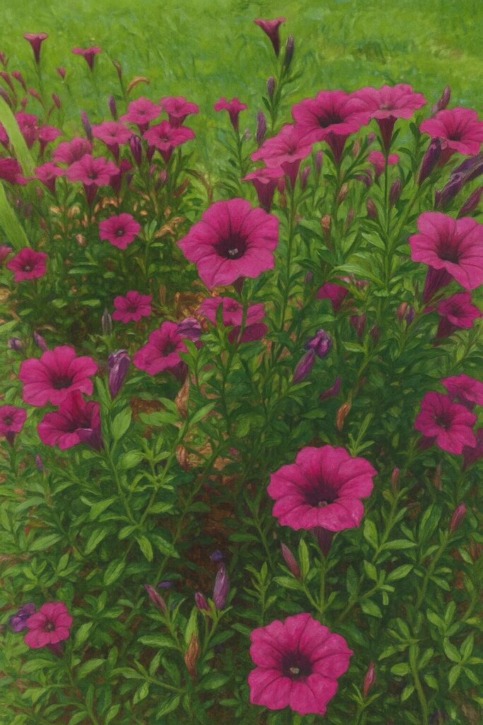 明るい緑の芝生に咲くペチュニアの群れを描いた夏の風景イラスト

