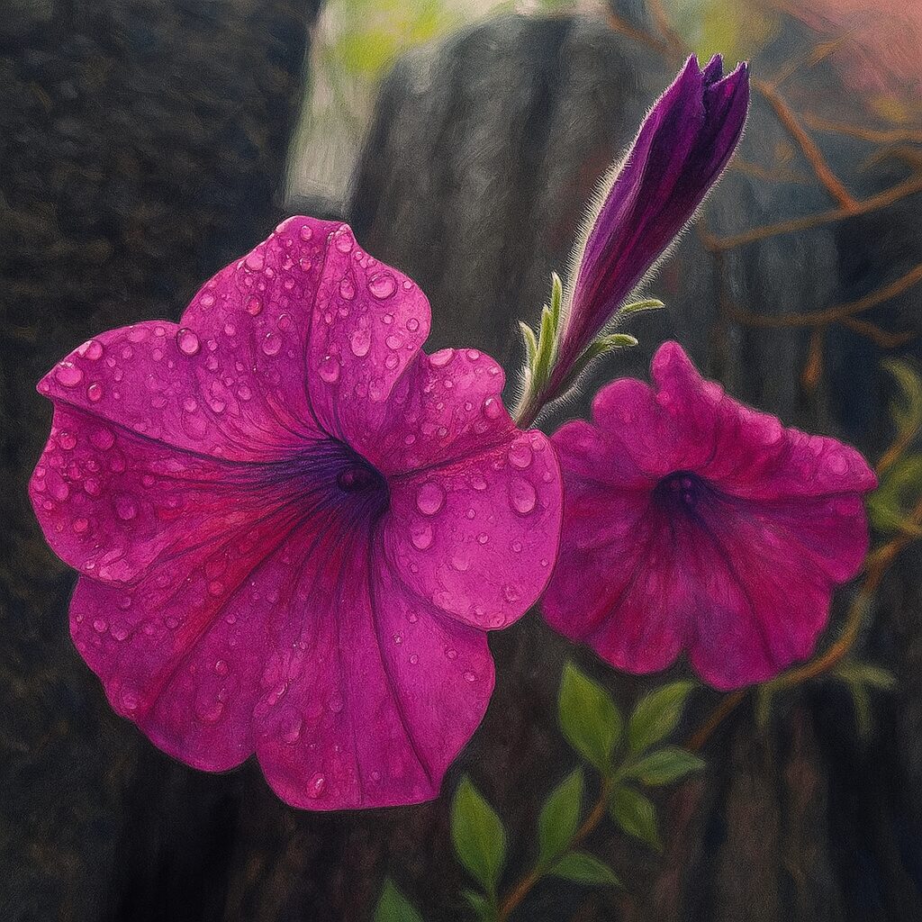 雨粒がついたペチュニアの花とつぼみを描いたしっとりしたイラスト