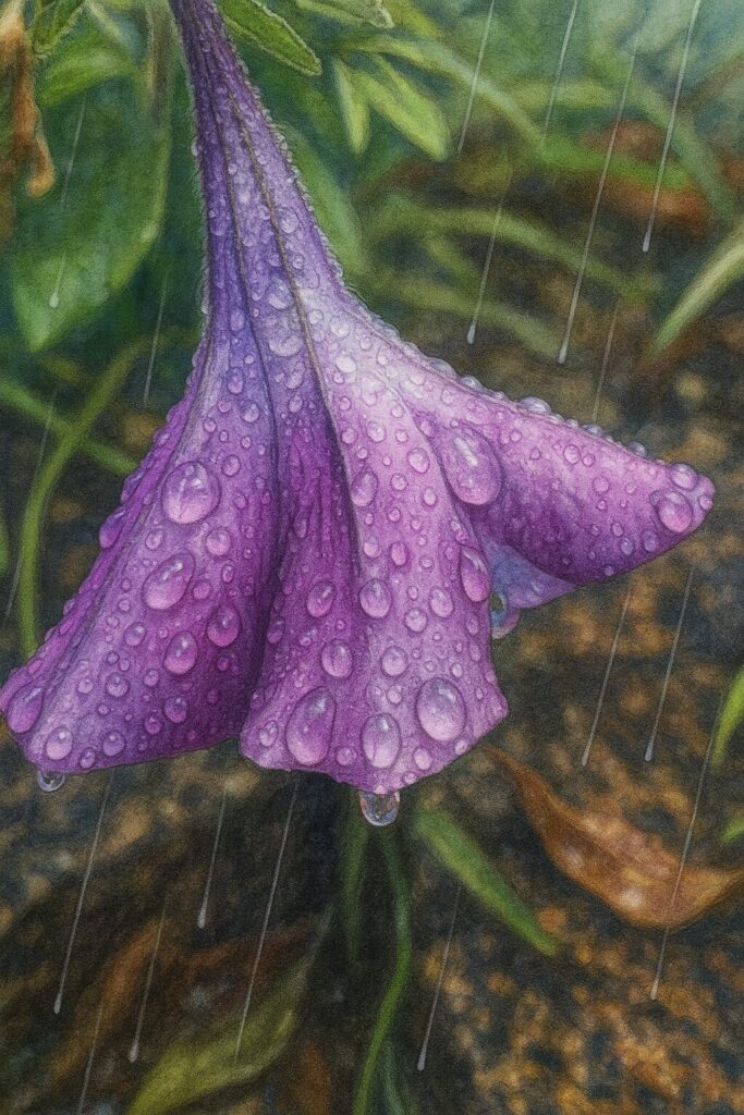 雨粒をまとった紫色のペチュニアの花の背面を描いた精密イラスト